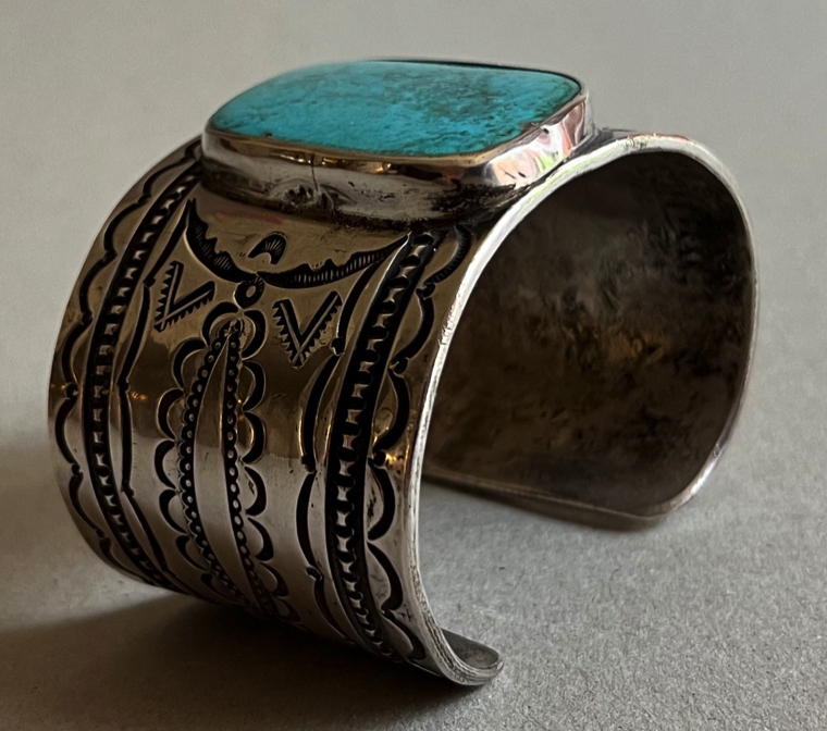 Mark Chee Large Navajo Silver and High Grade Turquoise Stamped Cuff Bracelet