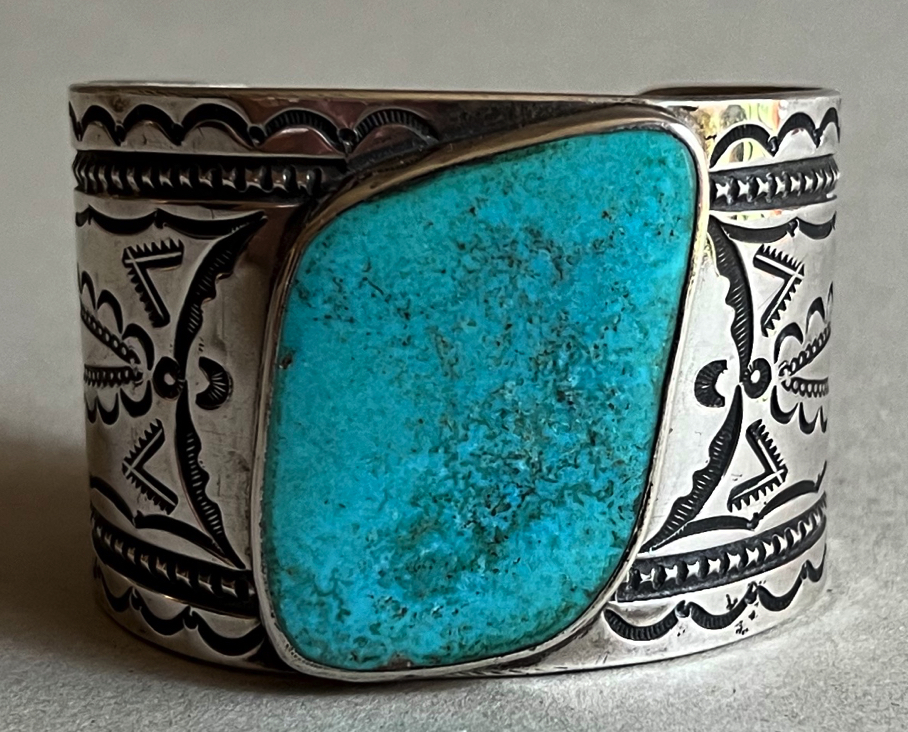 Mark Chee Large Navajo Silver and High Grade Turquoise Stamped