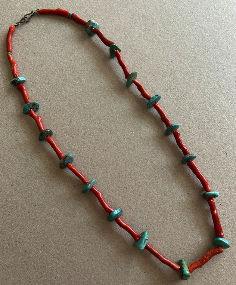 Sold at Auction: Antique Navajo Turquoise Red Branch Coral Necklace