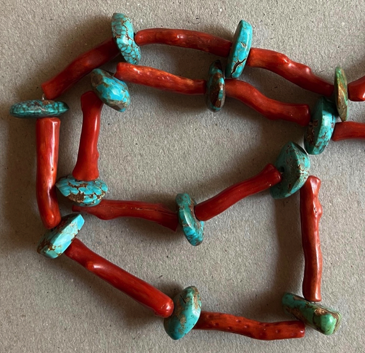 Navajo or Pueblo Red Branch Coral and Turquoise Tab Necklace
