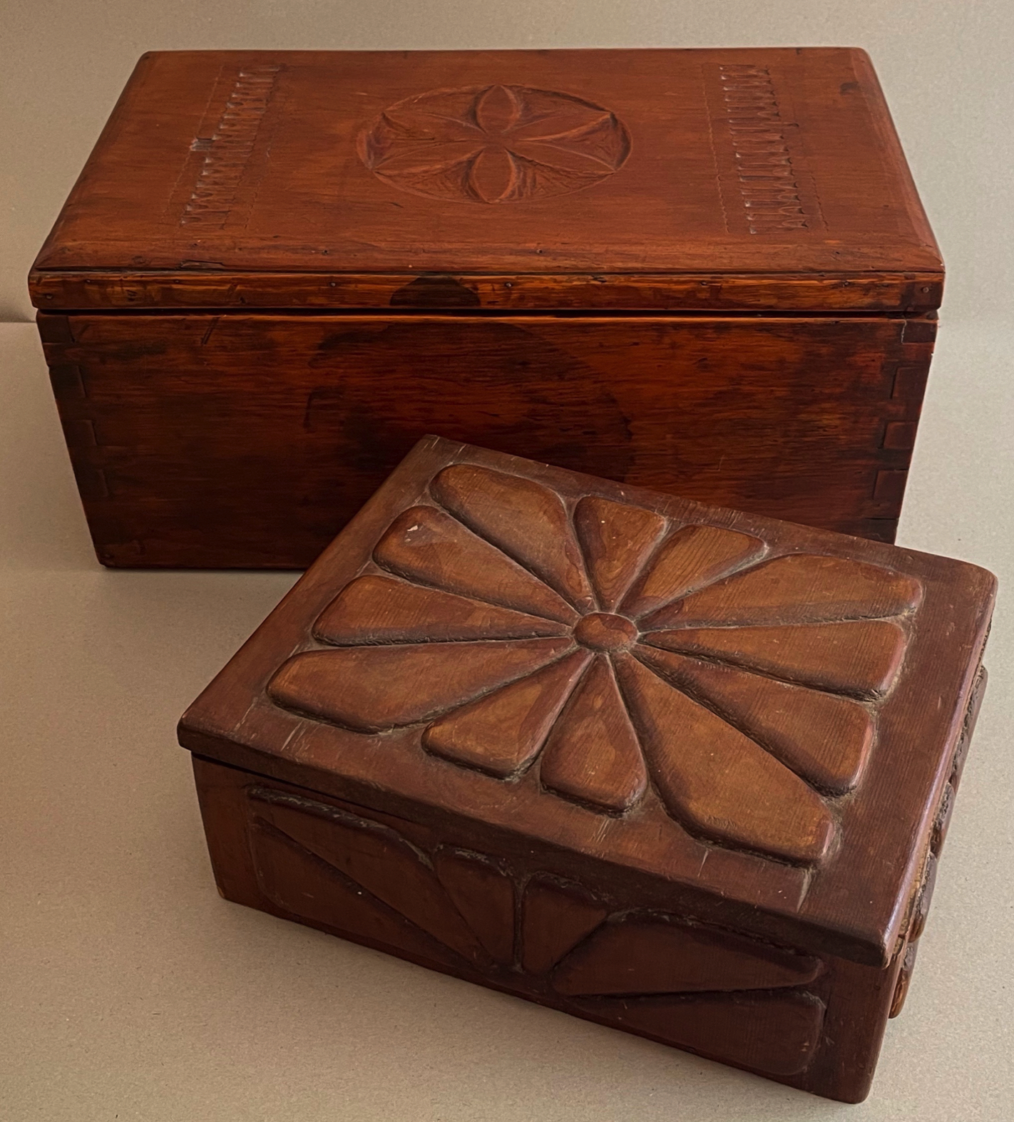 Two WPA Style New Mexico Hand Carved Wooden Treasure or Document Boxes